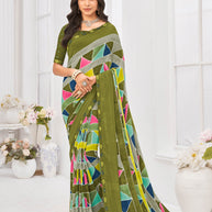 Laxmipati Dil Khushal Geometric Printed Georgette Saree in Olive Green Color with Unstitched Blouse