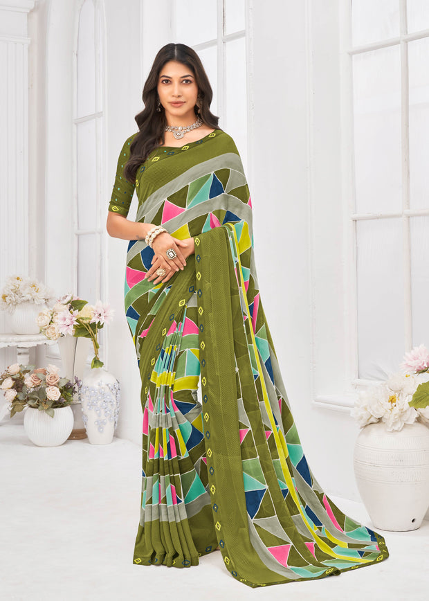 Laxmipati Dil Khushal Geometric Printed Georgette Saree in Olive Green Color with Unstitched Blouse