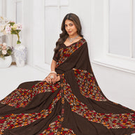 Laxmipati Dil Khushal Geometric Printed Georgette Saree in Brown Color with Unstitched Blouse