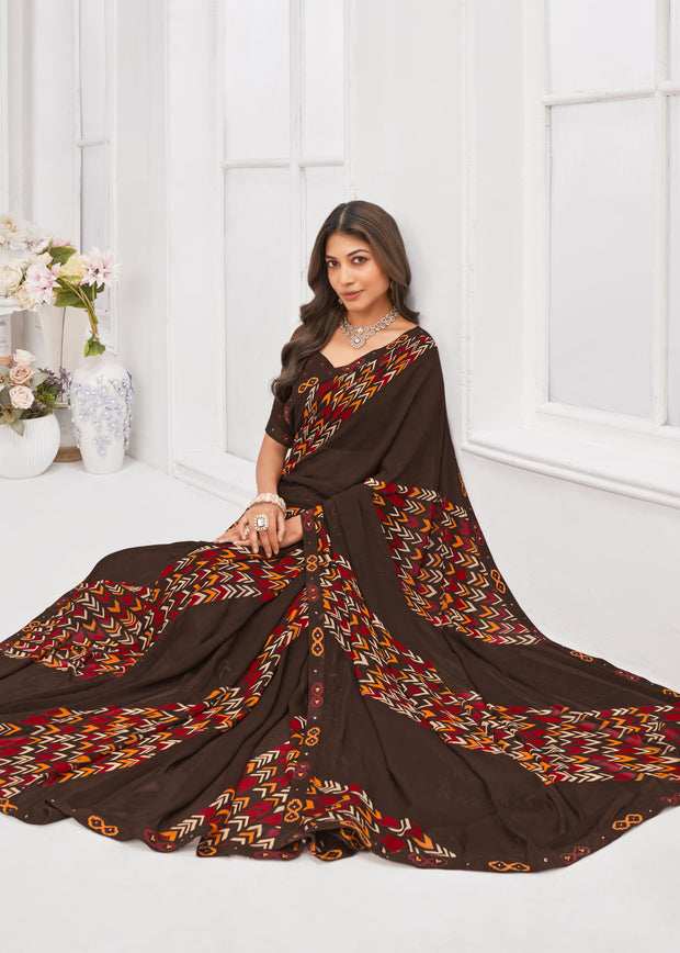 Laxmipati Dil Khushal Geometric Printed Georgette Saree in Brown Color with Unstitched Blouse
