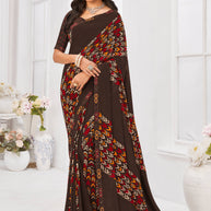 Laxmipati Dil Khushal Geometric Printed Georgette Saree in Brown Color with Unstitched Blouse