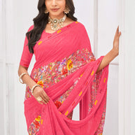 Laxmipati Dil Khushal Floral Printed Georgette Saree in Pink Color with Unstitched Blouse