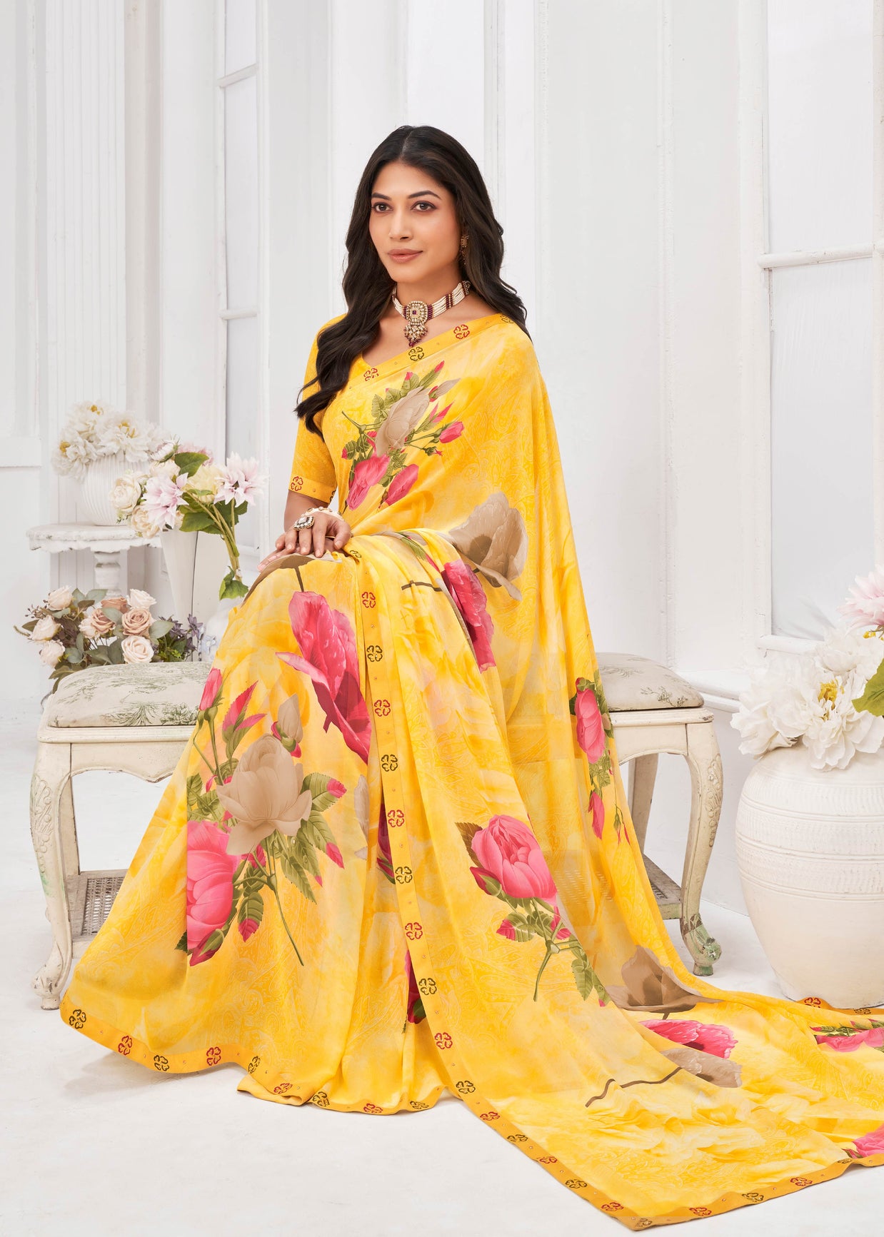 Laxmipati Dil Khushal Floral Printed Georgette Saree in Yellow Color with Unstitched Blouse