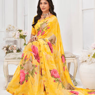 Laxmipati Dil Khushal Floral Printed Georgette Saree in Yellow Color with Unstitched Blouse