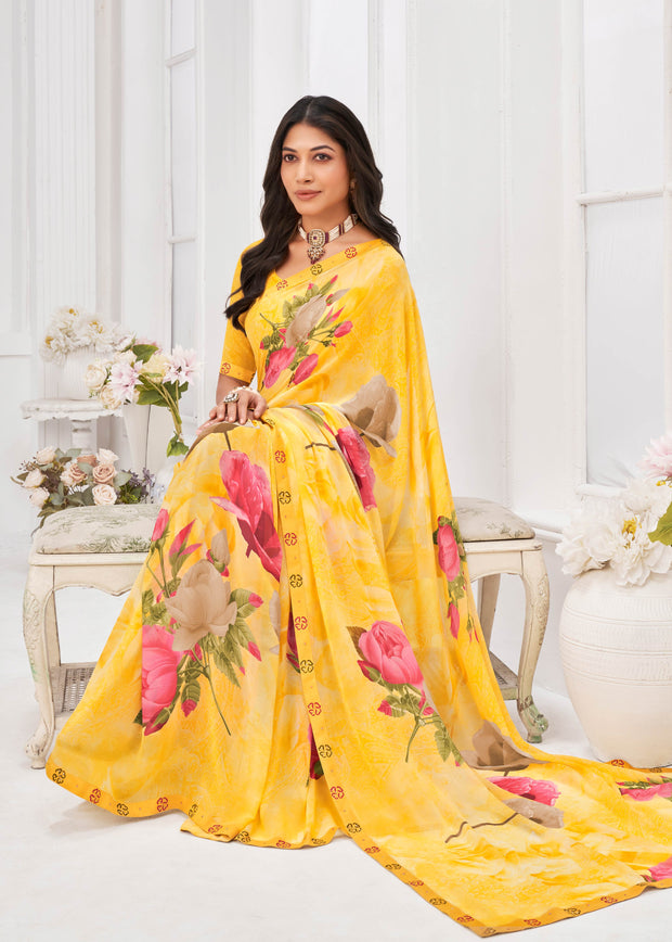 Laxmipati Dil Khushal Floral Printed Georgette Saree in Yellow Color with Unstitched Blouse