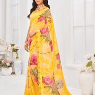 Laxmipati Dil Khushal Floral Printed Georgette Saree in Yellow Color with Unstitched Blouse