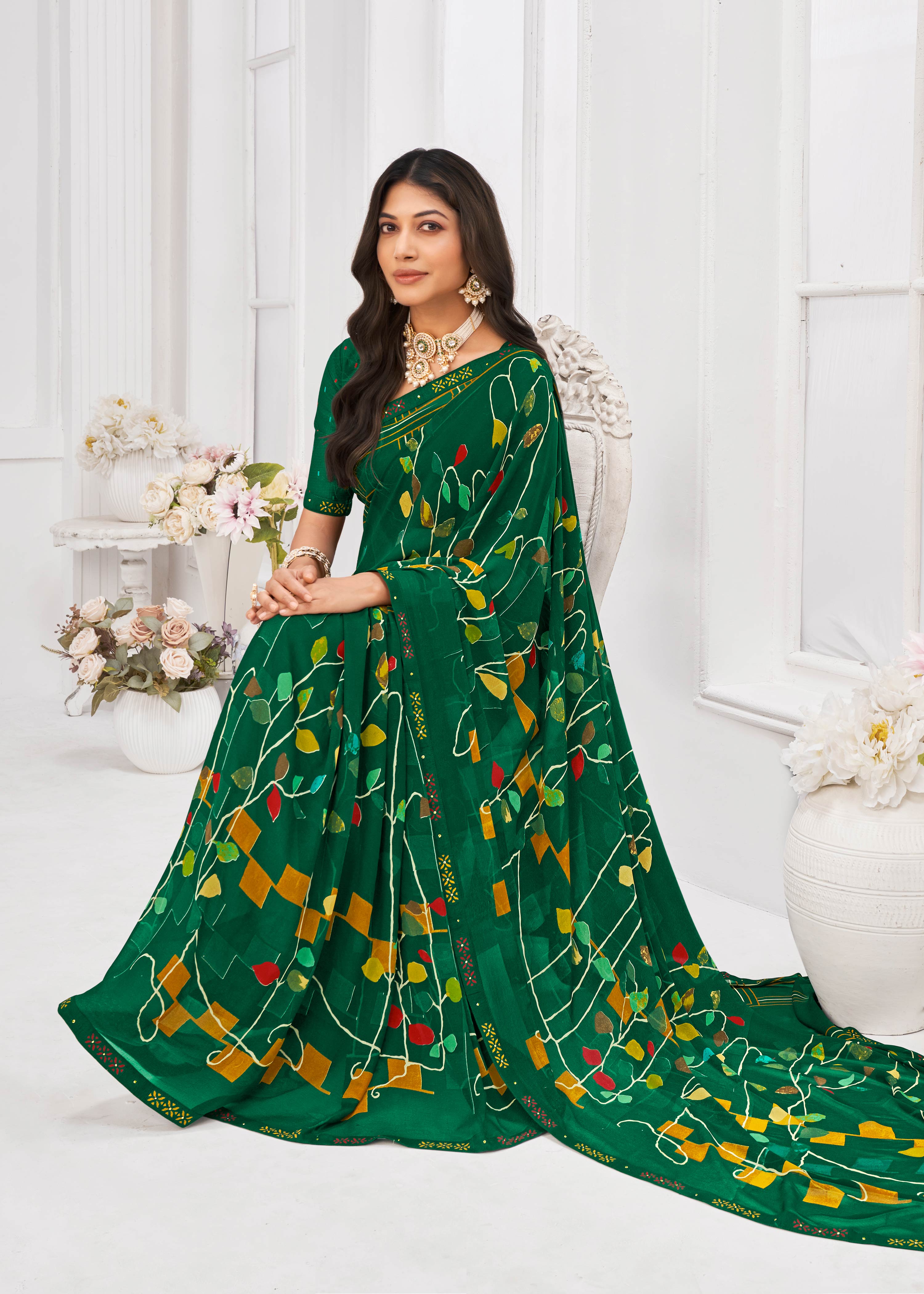 Laxmipati Dil Khushal Floral Printed Georgette Saree in Dark Green Color with Unstitched Blouse
