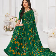 Laxmipati Dil Khushal Floral Printed Georgette Saree in Dark Green Color with Unstitched Blouse