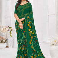 Laxmipati Dil Khushal Floral Printed Georgette Saree in Dark Green Color with Unstitched Blouse