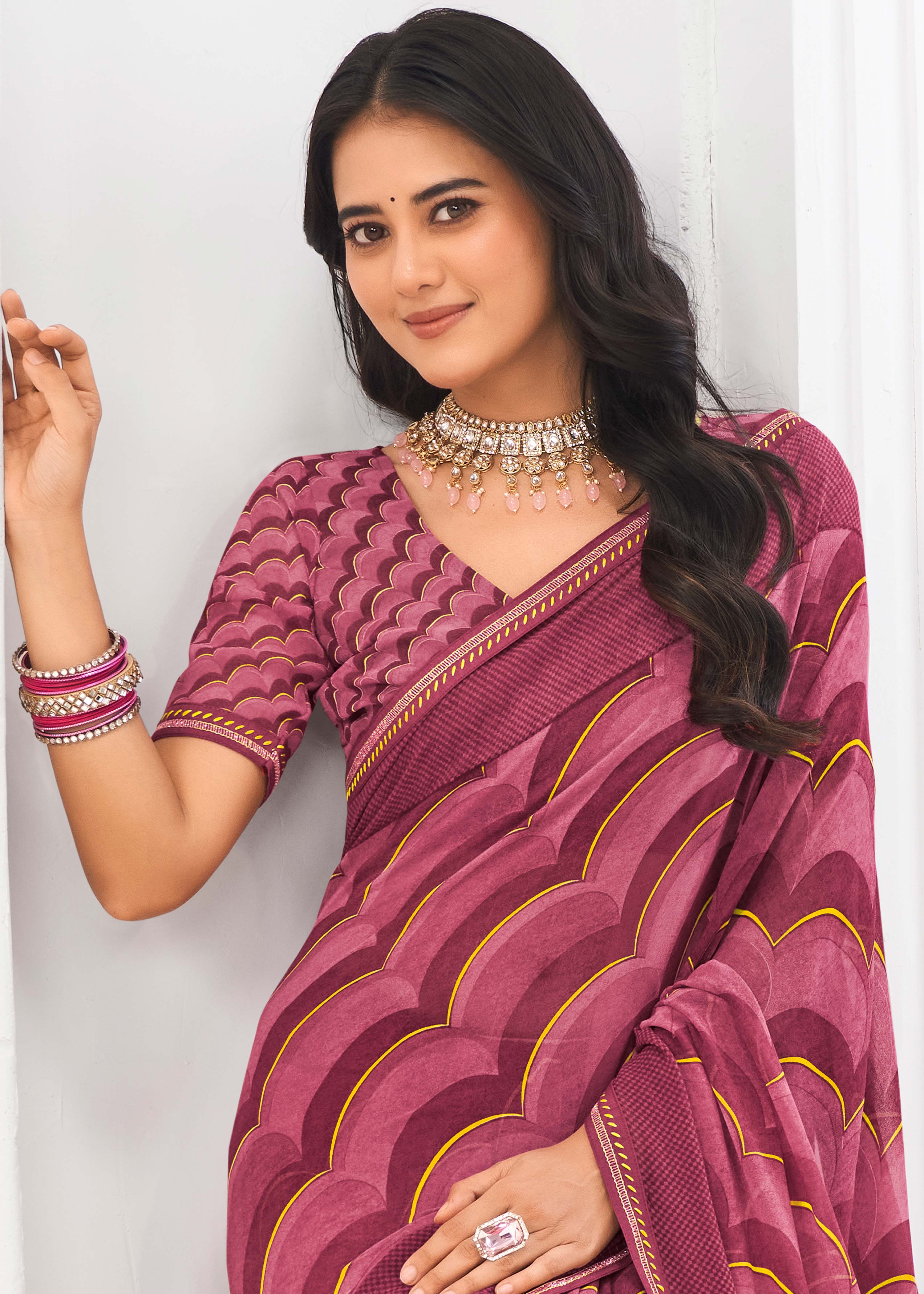 Laxmipati Jaayaphal Dark Mauve Geometric Georgette Printed Saree