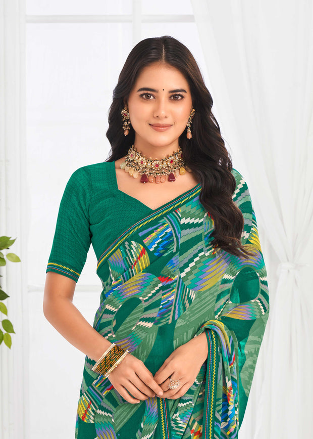 Laxmipati Jaayaphal Teal Green Geometric Georgette Printed Saree