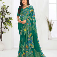Laxmipati Jaayaphal Teal Green Geometric Georgette Printed Saree