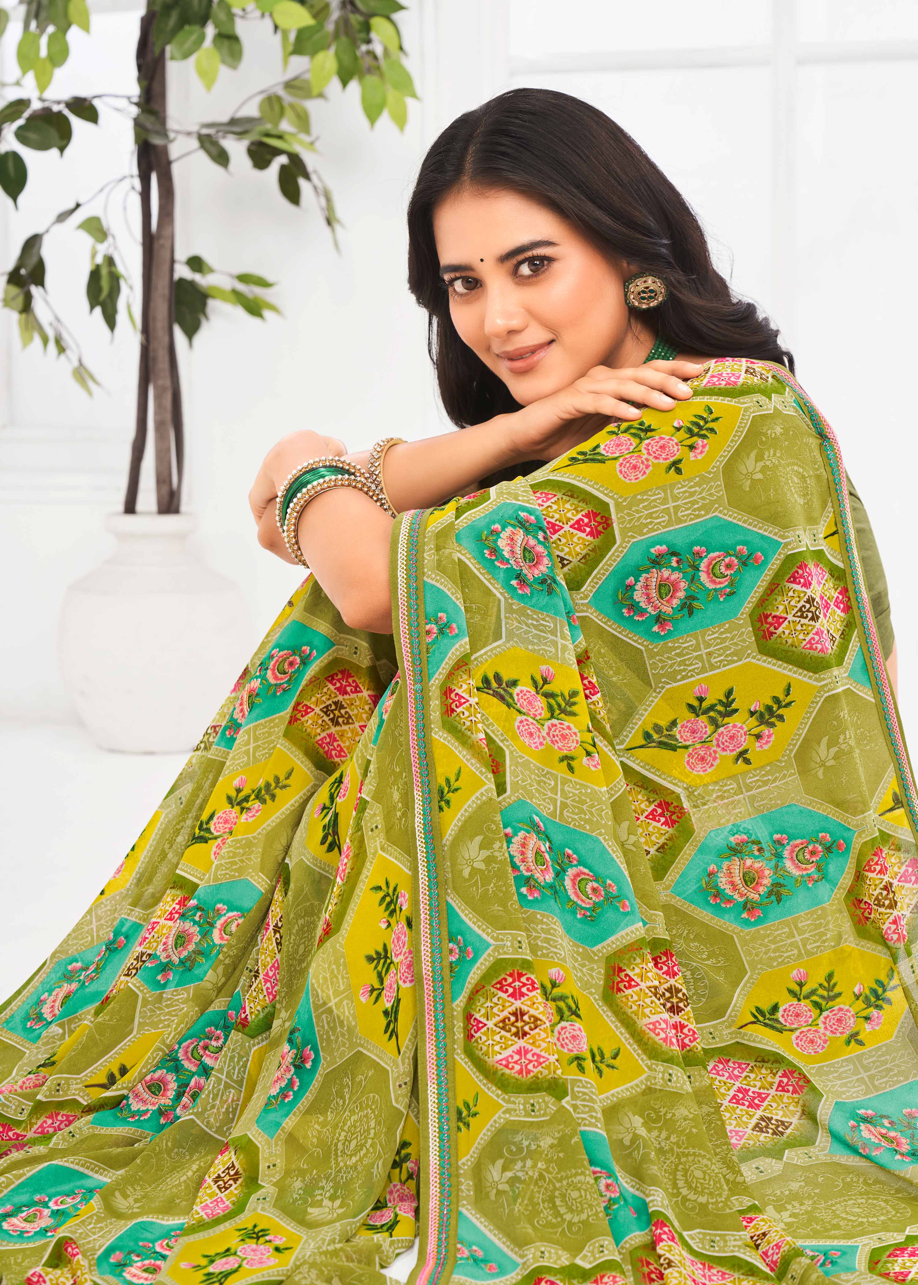 Laxmipati Jaayaphal Olive Green Geometric Georgette Printed Saree