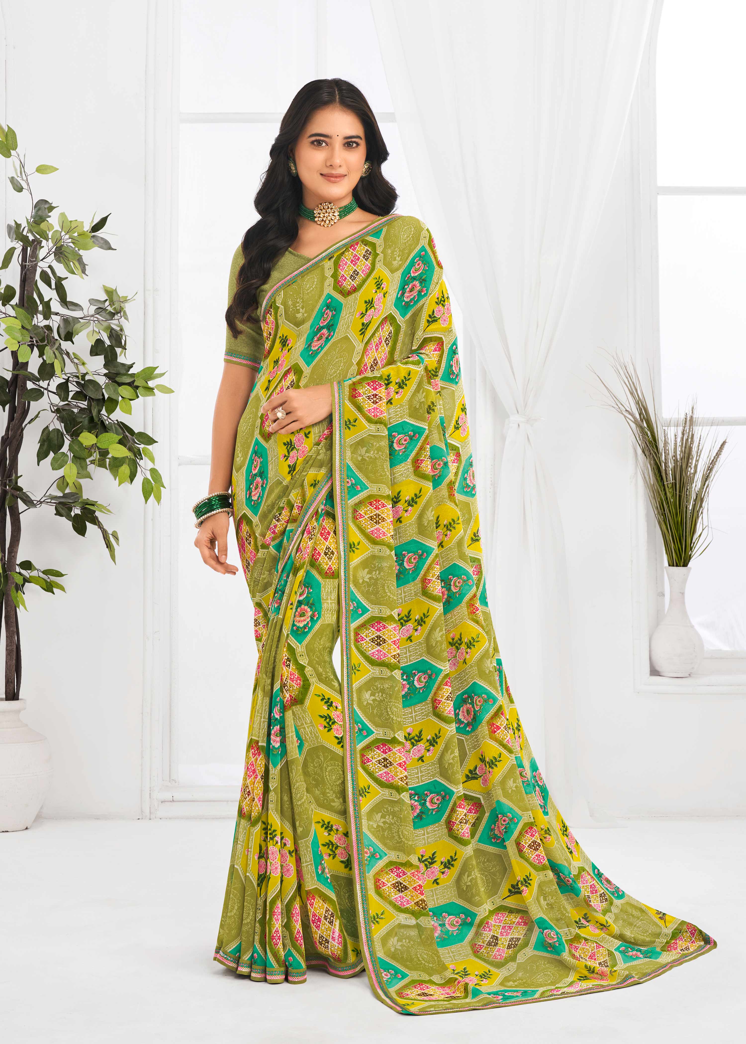 Laxmipati Jaayaphal Olive Green Geometric Georgette Printed Saree