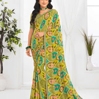 Laxmipati Jaayaphal Olive Green Geometric Georgette Printed Saree