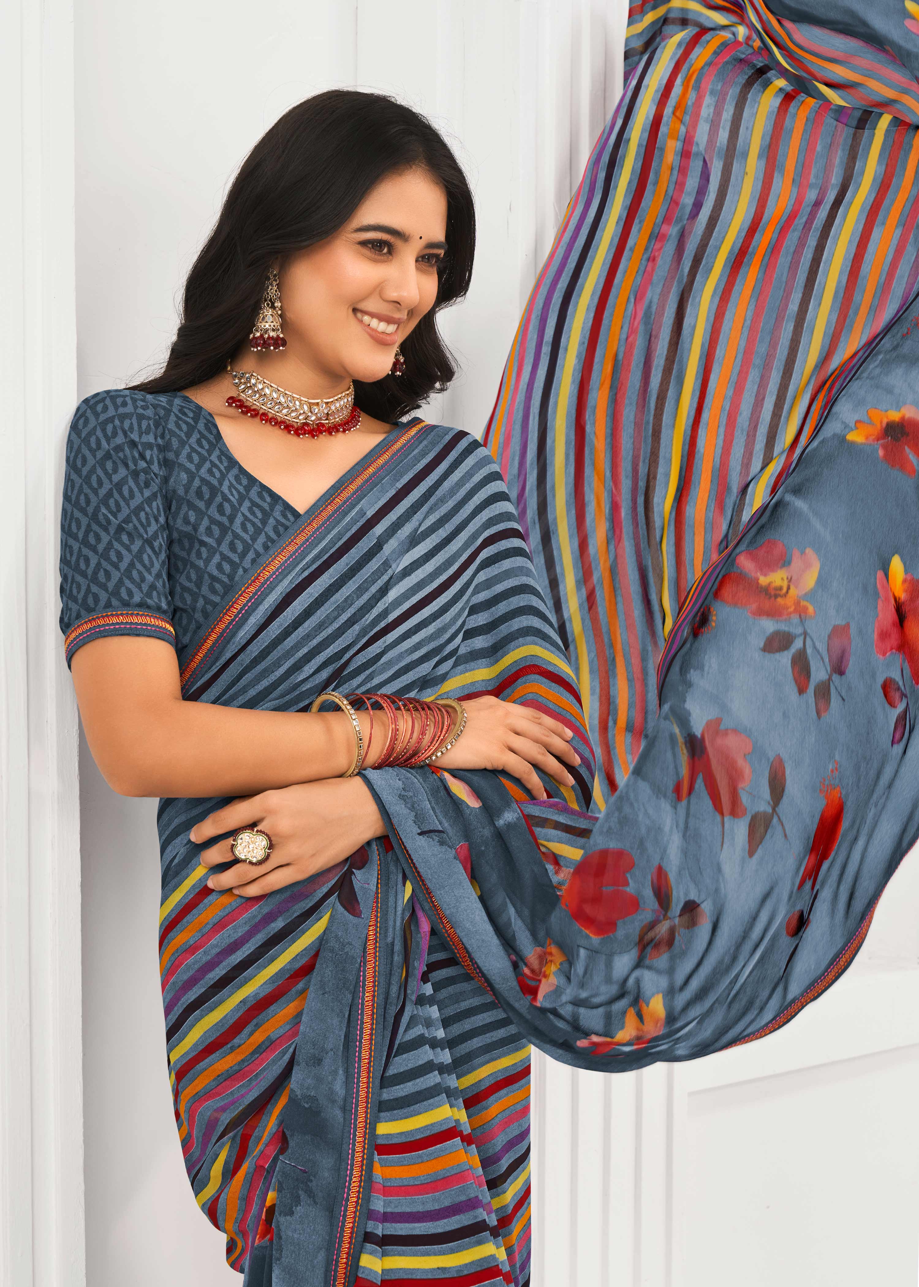 Laxmipati Jaayaphal Grey Georgette Saree with Multicolor Stripes & Floral Print
