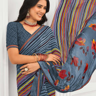 Laxmipati Jaayaphal Grey Georgette Saree with Multicolor Stripes & Floral Print