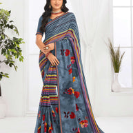 Laxmipati Jaayaphal Grey Georgette Saree with Multicolor Stripes & Floral Print
