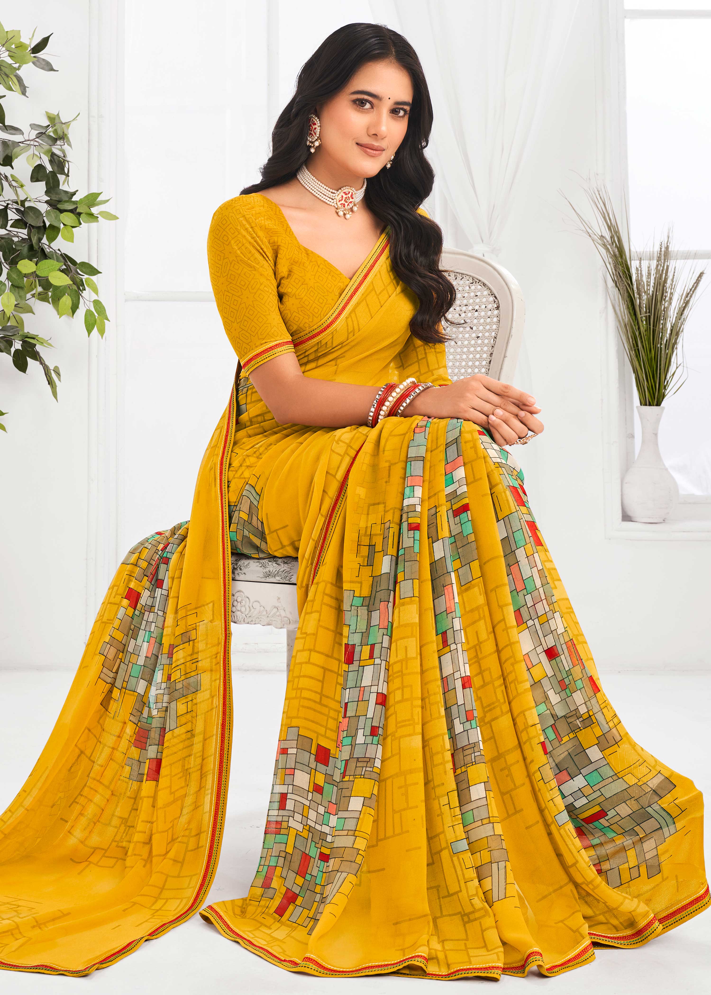 Laxmipati Jaayaphal Mustard Geometric Georgette Printed Saree