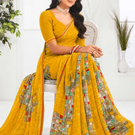 Laxmipati Jaayaphal Mustard Geometric Georgette Printed Saree