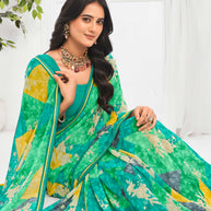 Laxmipati Jaayaphal Teal Green Floral Georgette Printed Saree