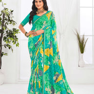Laxmipati Jaayaphal Teal Green Floral Georgette Printed Saree