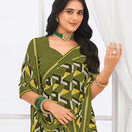Laxmipati Jaayaphal Olive Green Geometric Georgette Printed Saree