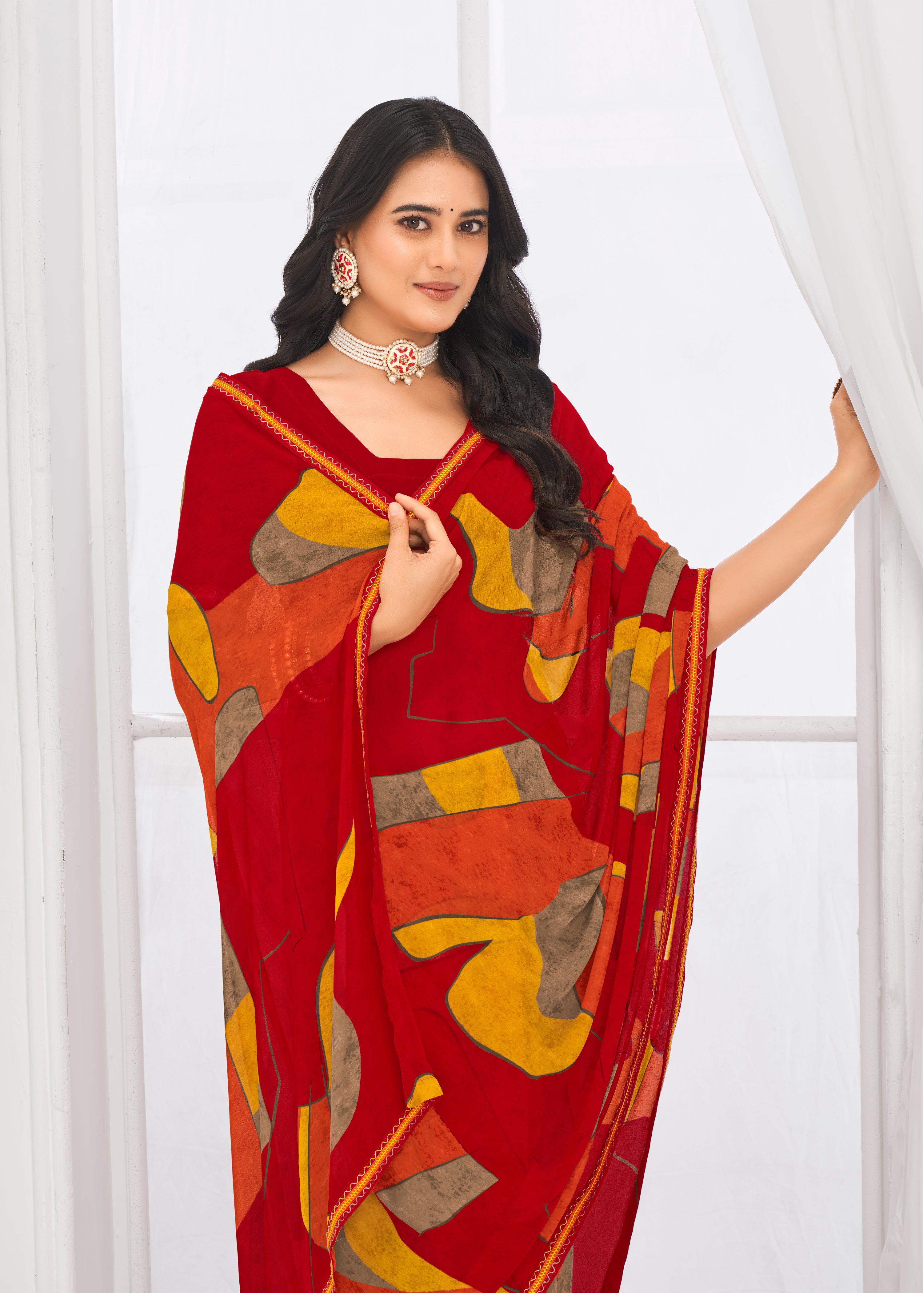 Laxmipati Jaayaphal Red Abstract Georgette Printed Saree