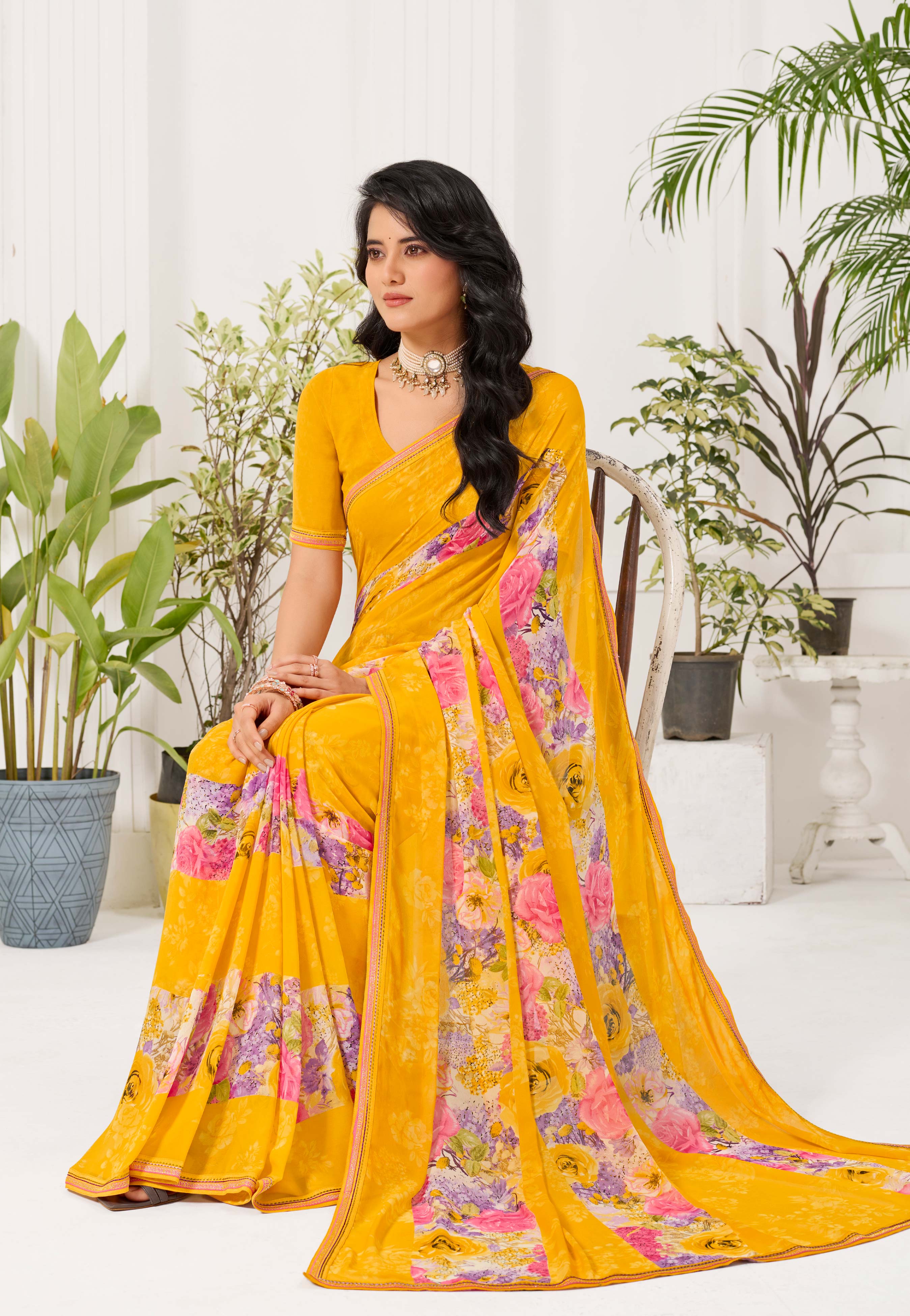 Laxmipati Radha Rani Floral Georgette Printed Saree in Mustard Color