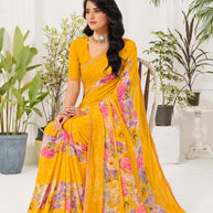 Laxmipati Radha Rani Floral Georgette Printed Saree in Mustard Color