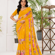 Laxmipati Radha Rani Floral Georgette Printed Saree in Mustard Color