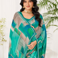 Laxmipati Radha Rani Abstract Georgette Printed Saree in Teal Blue Color