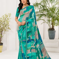 Laxmipati Radha Rani Abstract Georgette Printed Saree in Teal Blue Color