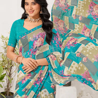 Laxmipati Radha Rani Floral Georgette Printed Saree in Blue Color