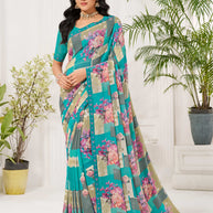 Laxmipati Radha Rani Floral Georgette Printed Saree in Blue Color