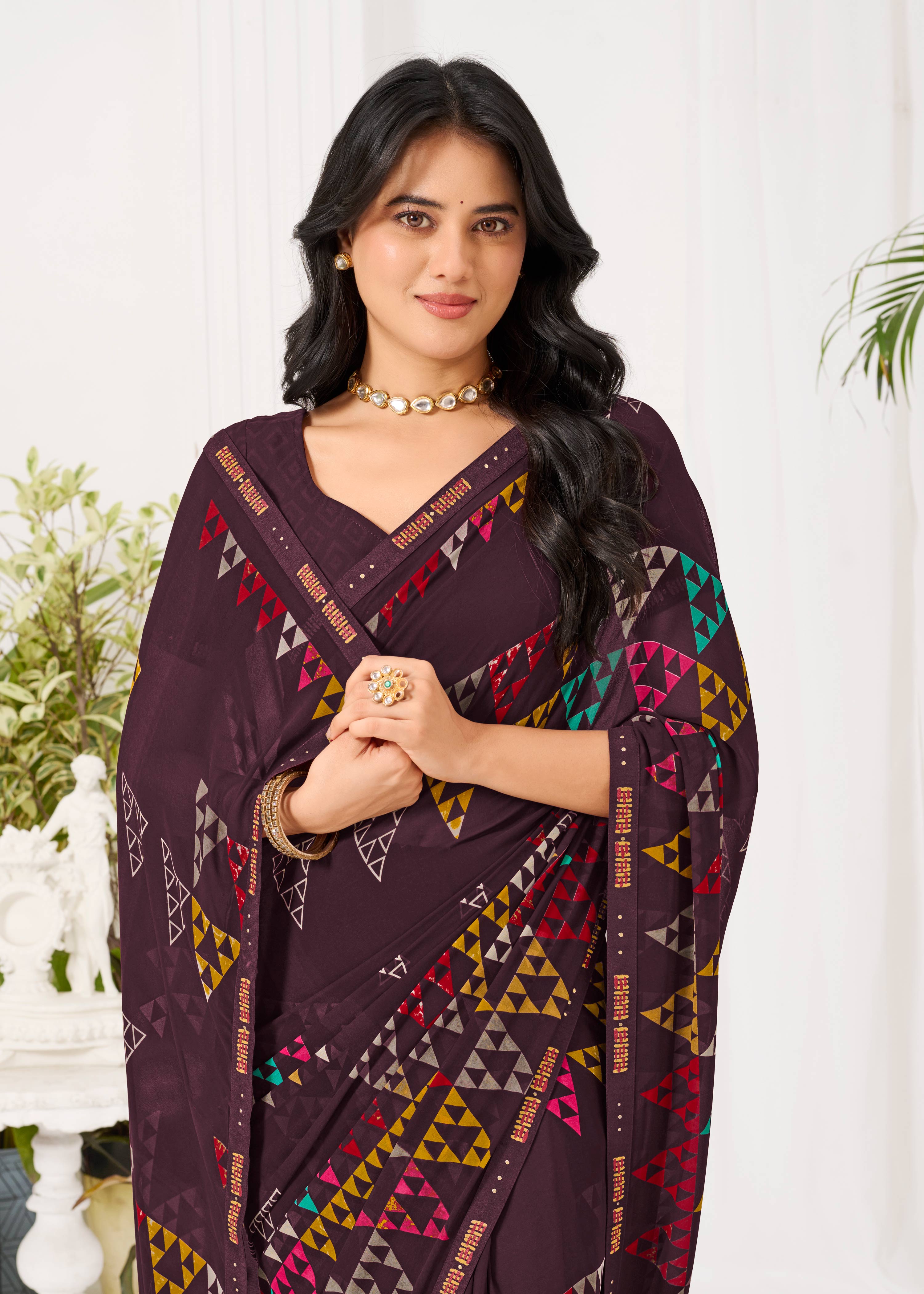 Laxmipati Radha Rani Geometric Georgette Printed Saree in Wine Color