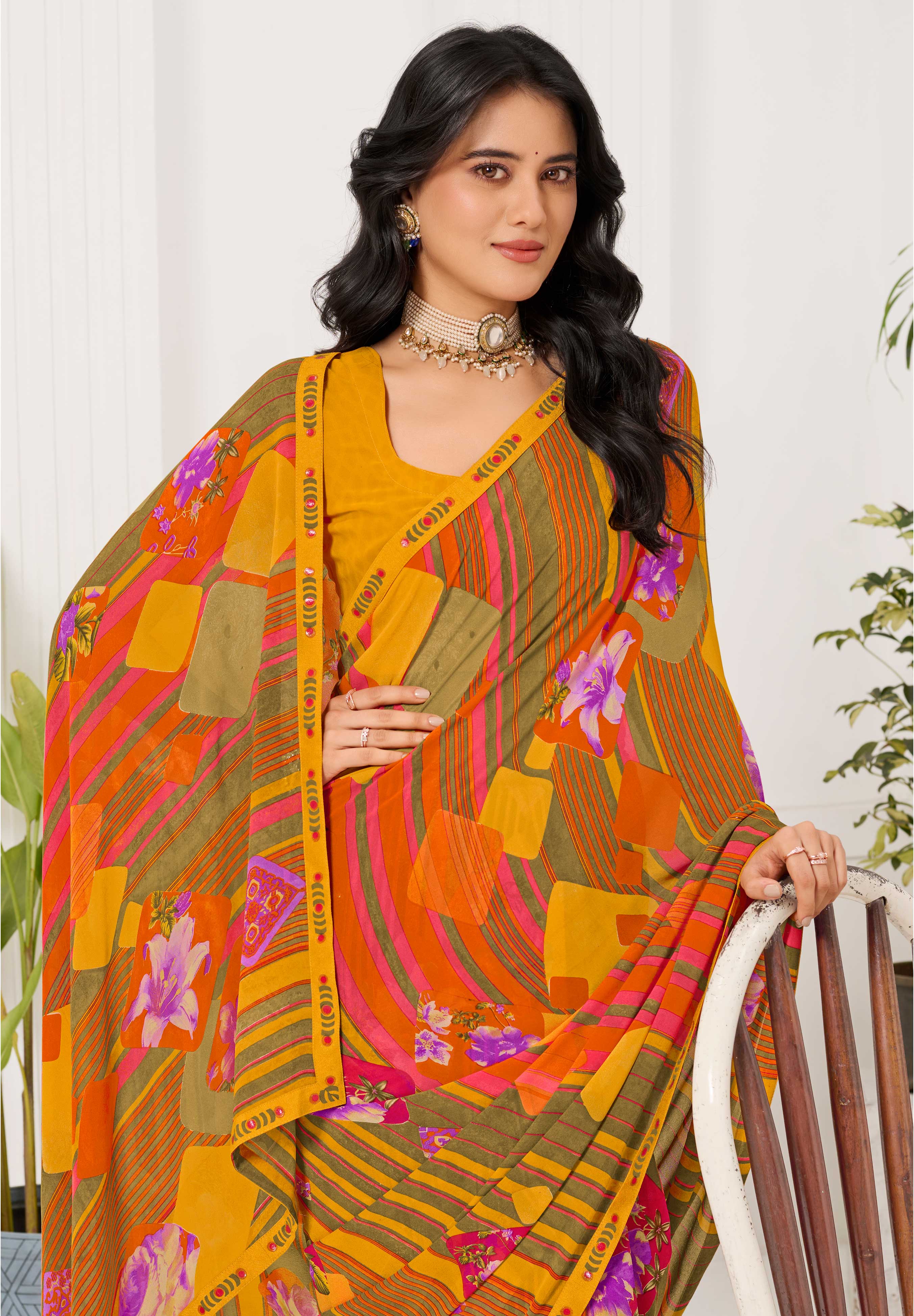 Laxmipati Radha Rani Floral Georgette Printed Saree in Mustard Color