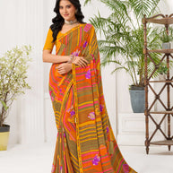 Laxmipati Radha Rani Floral Georgette Printed Saree in Mustard Color