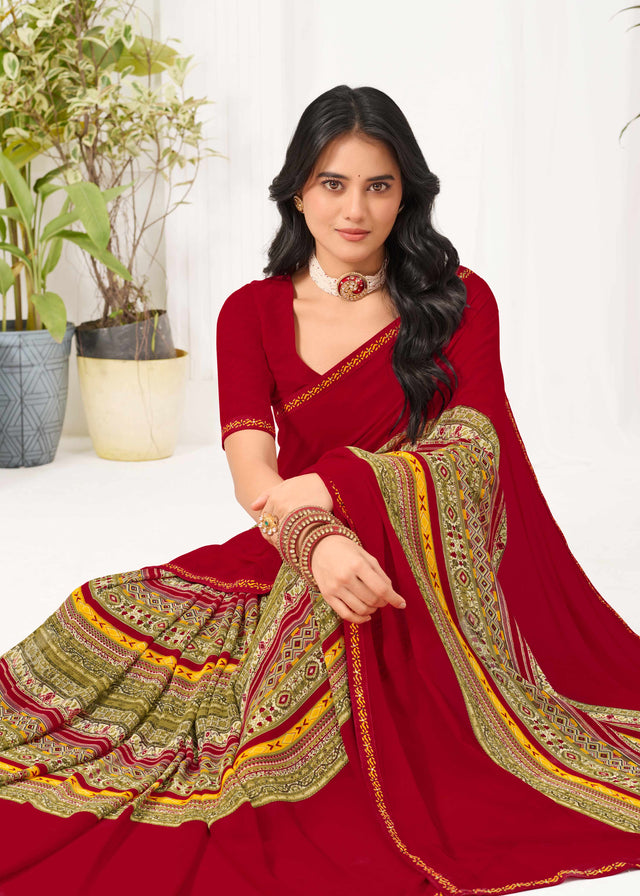 Laxmipati Radha Rani Geometric Georgette Printed Saree in Red Color