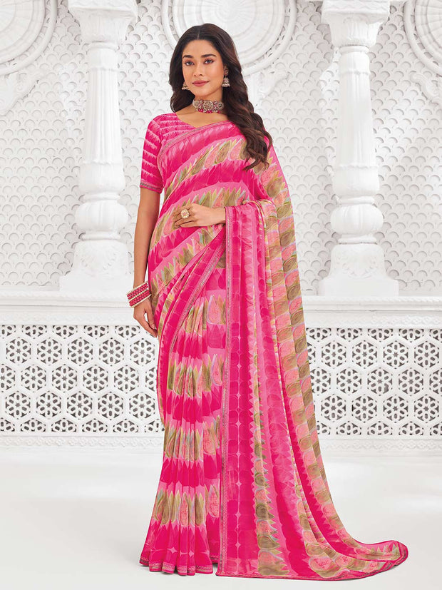 Pink georgette abstract printed saree