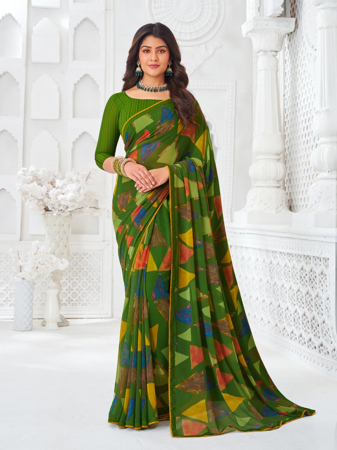 Green georgette abstract printed saree
