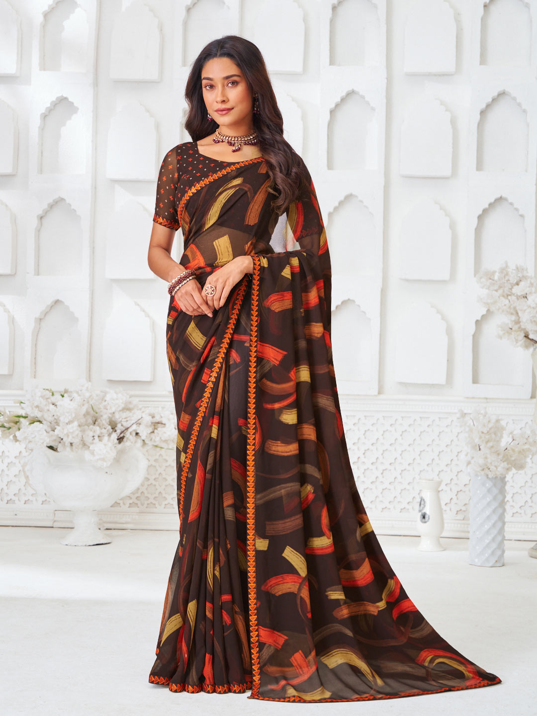Brown georgette modern printed saree 