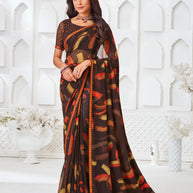 Brown georgette modern printed saree 