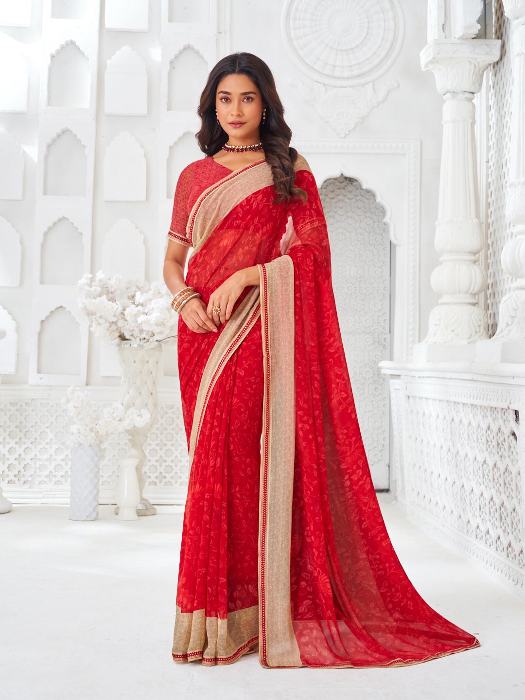 Red georgette floral printed saree