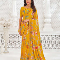 Mustard georgette floral printed saree