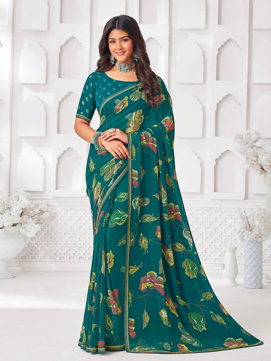 Green georgette floral printed saree