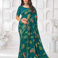 Green georgette floral printed saree