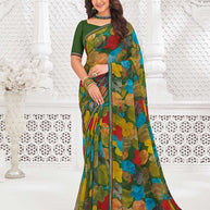 Green georgette floral print saree