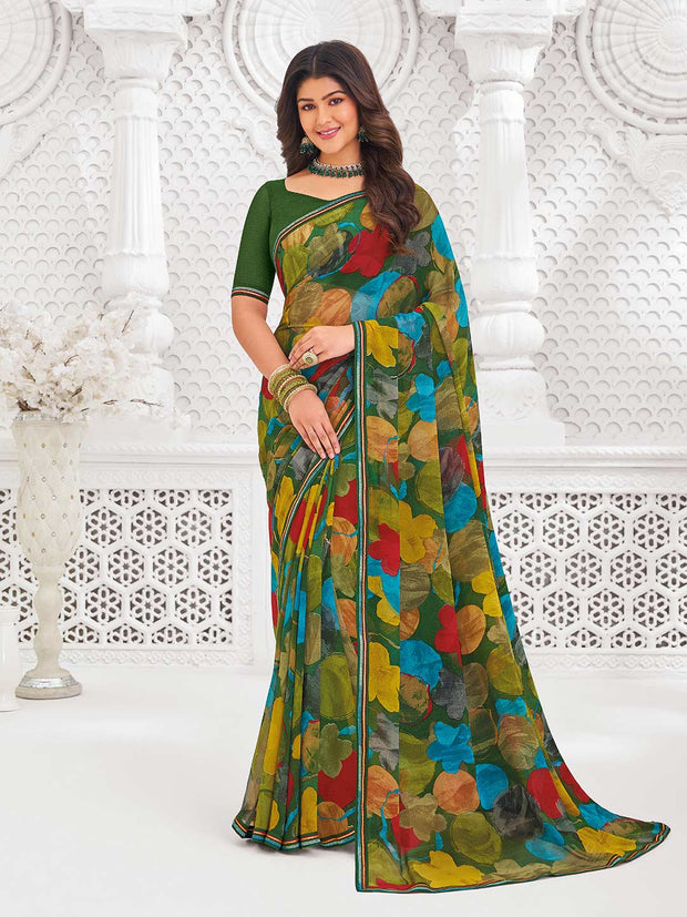 Green georgette floral print saree