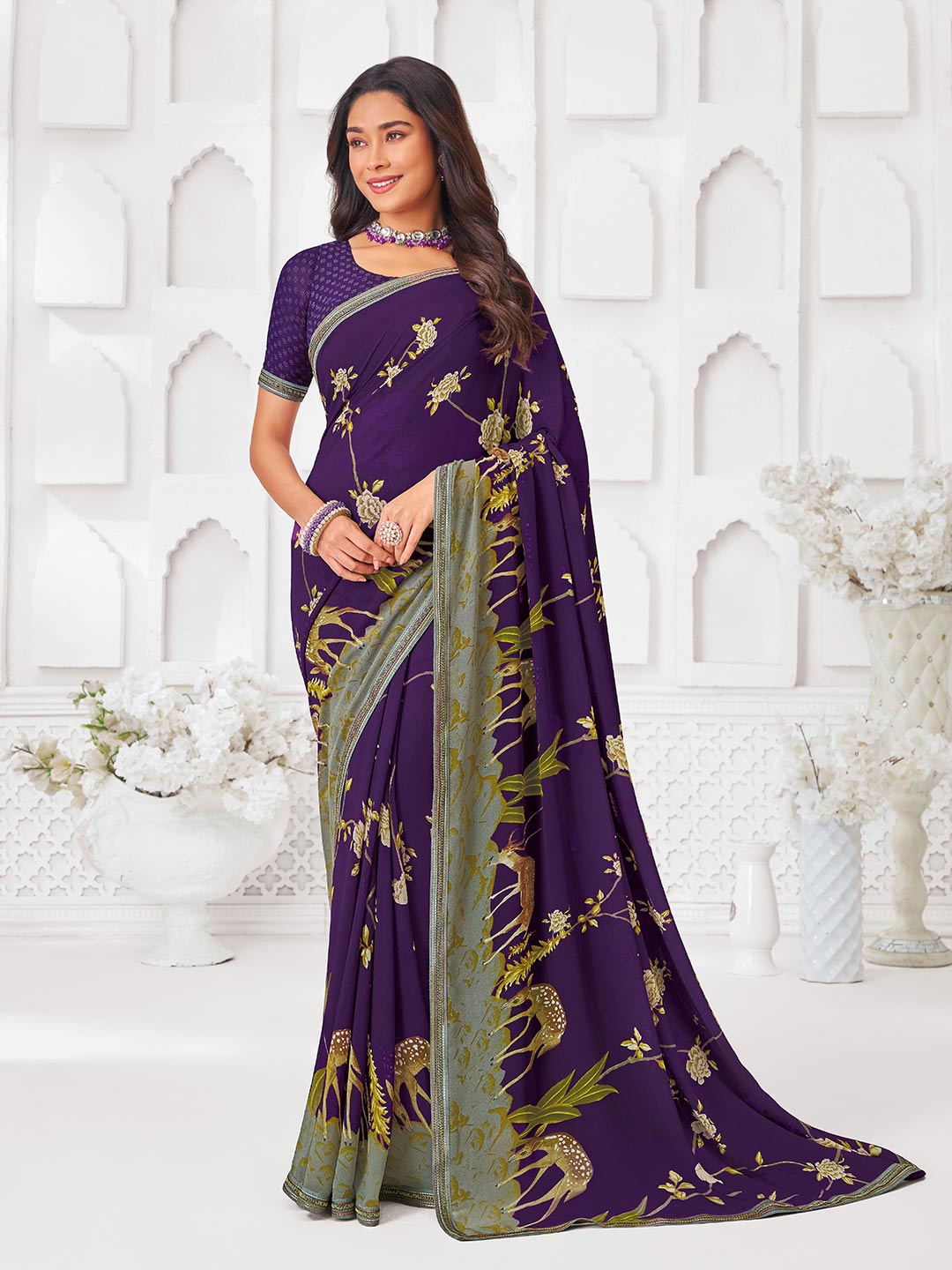 Purple georgette floral printed saree